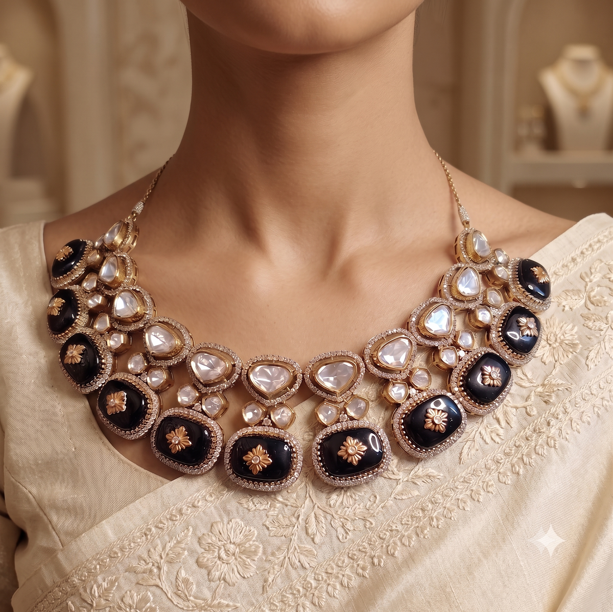 Regal Black Moissanite Floral Drop Necklace for Women Roz Jewellers.