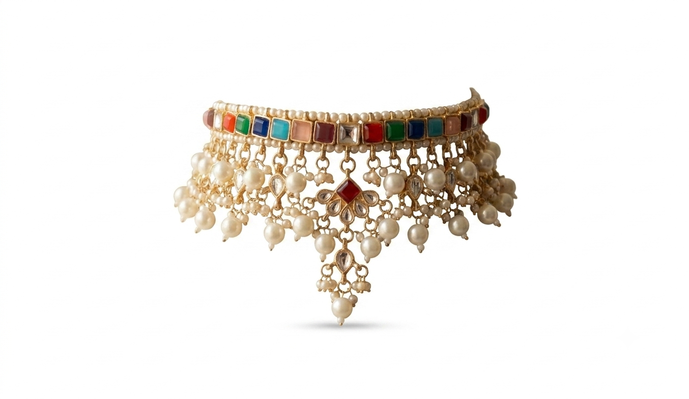 Muneza Multicolour Kundan Pearl Bridal Choker Necklace Set Roz Jewellers.