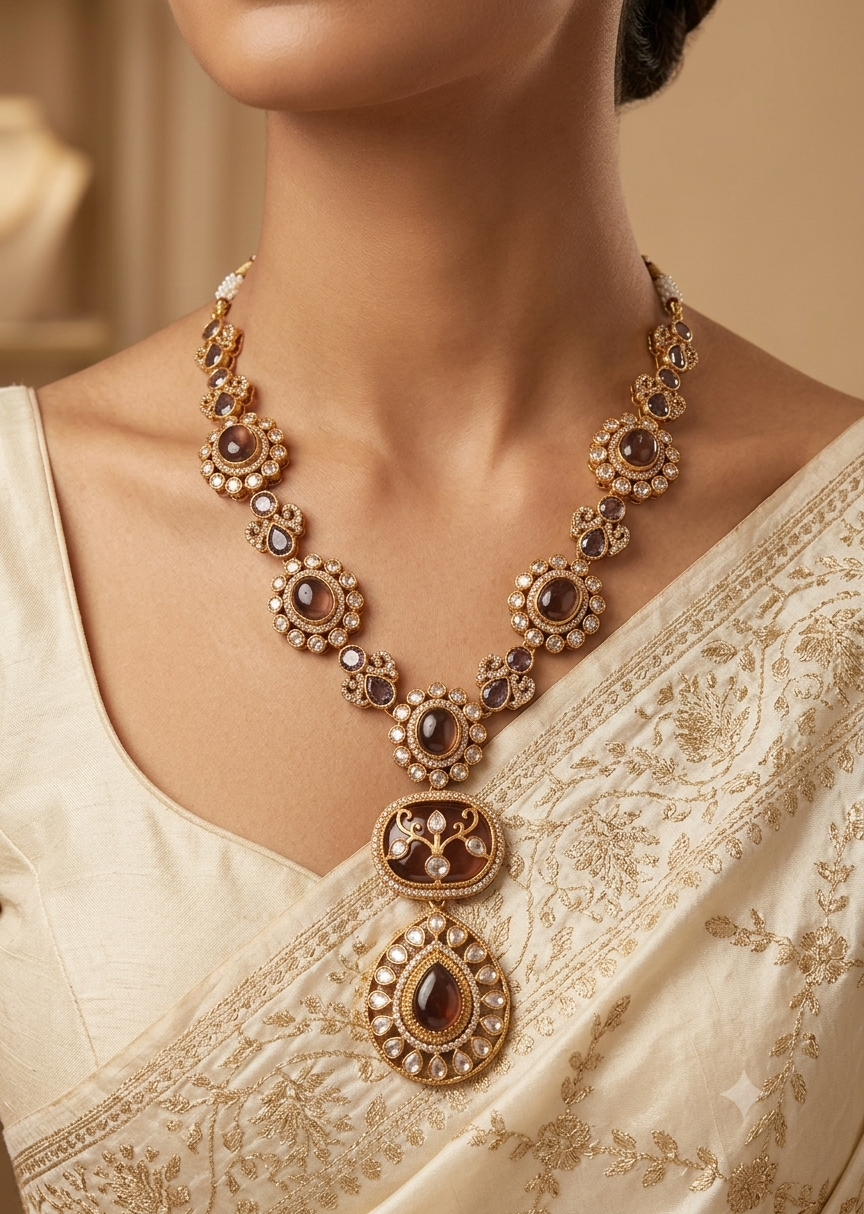 Inara Heavy Handmade Royal Maroon Kundan Necklace Set Roz Jewellers.