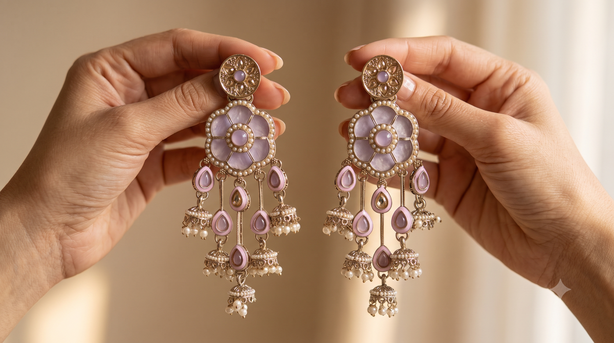 Purple Moissanite Statement Earrings Floral Design Traditional Wedding Jewelry Roz Jewellers