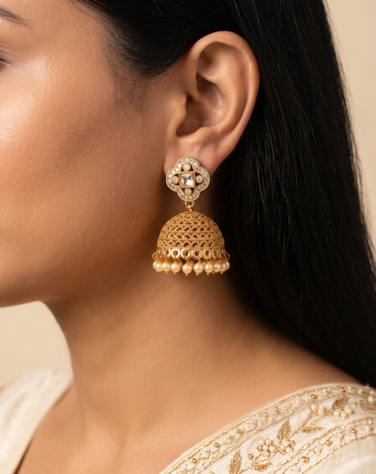 Pakistani Floral Pearl, Polki Stones Earrings For Women Roz Jewellers.