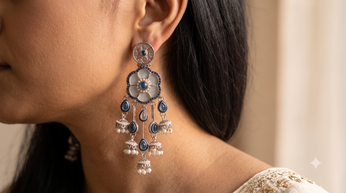 Navy Blue Moissanite Floral Earrings Indian Ethnic Chandelier Wedding For Women Roz Jewellers