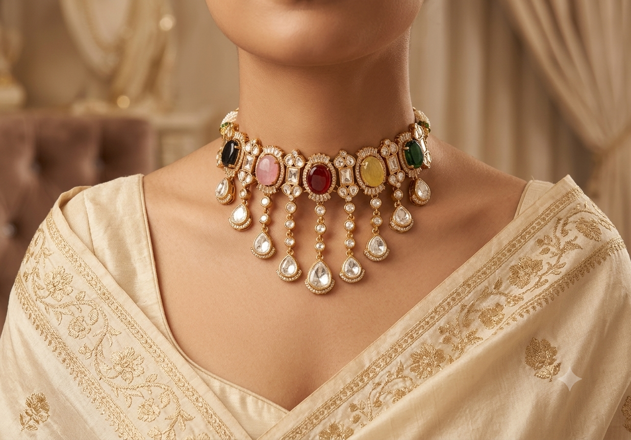 Areej Multicolor Kundan Choker with Teardrop Dangling Stones Roz Jewellers.