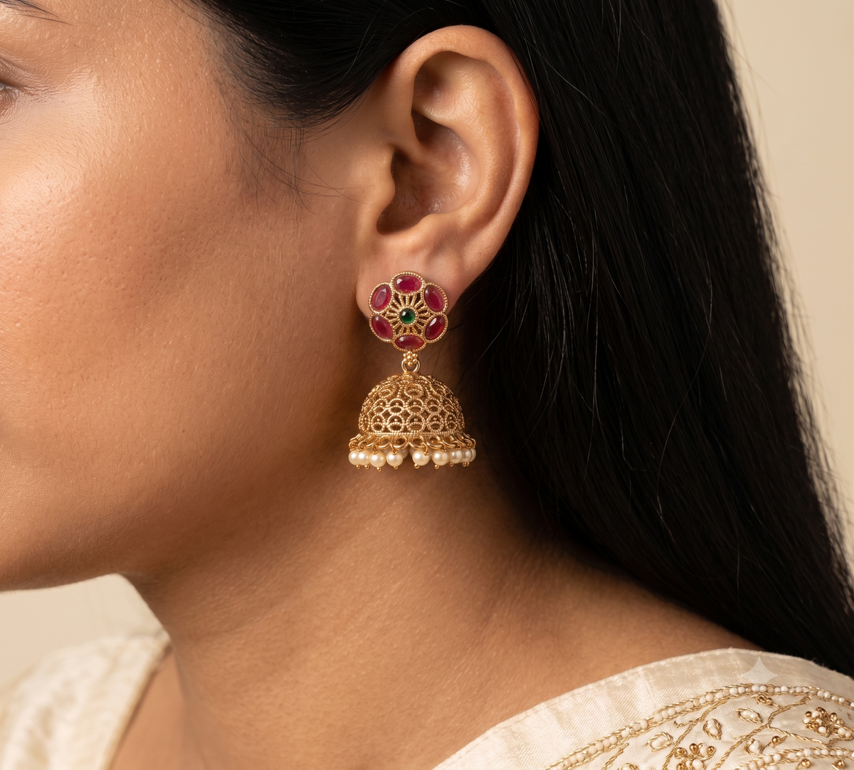 Floral Motif Ruby Oval Polki Pearl Earrings For Women Roz Jewellers.