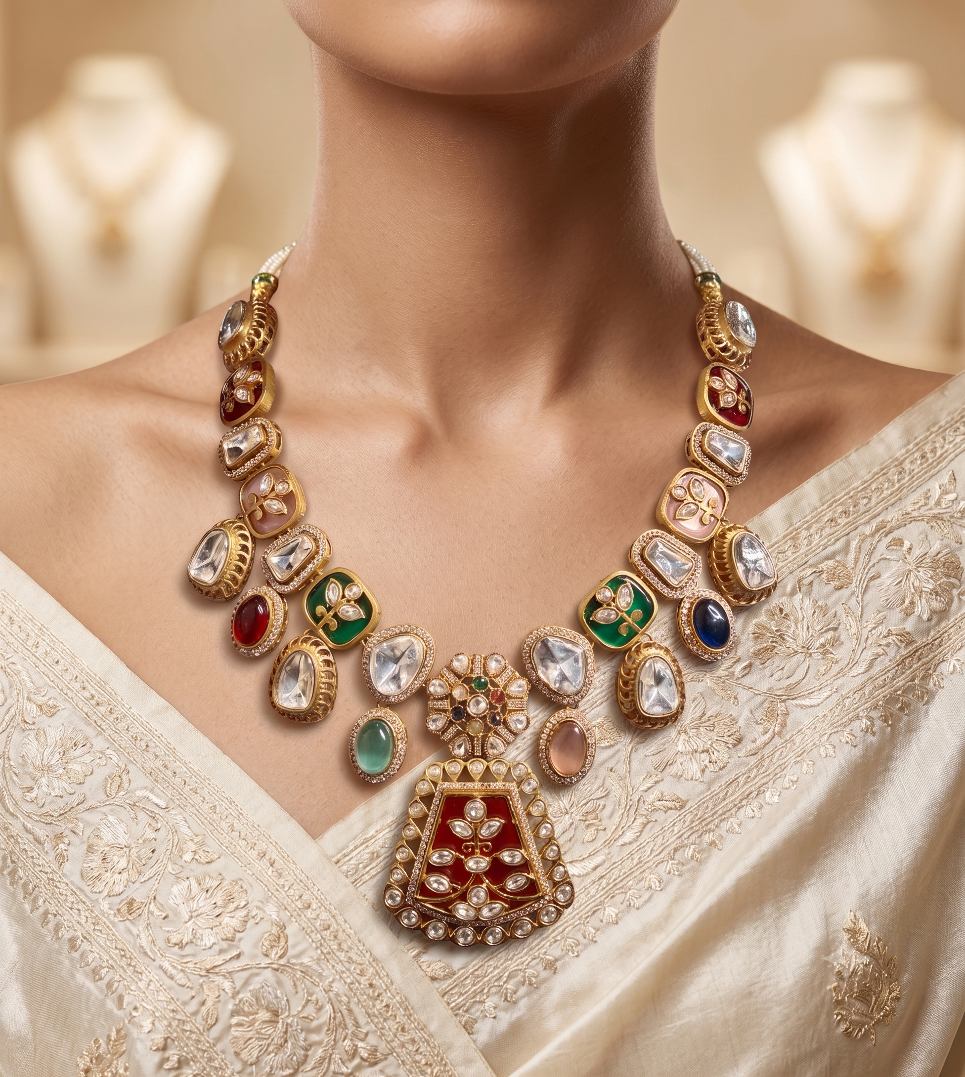 Sehrish Luxury Bridal Multicolor Kundan Inspired Necklace Set Roz Jewellers.