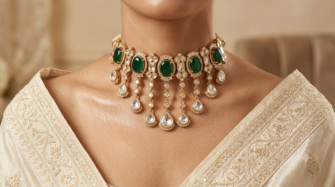 Firdaus Pakistani Wedding Jewelry Kundan Choker Necklace Set with Matching Earrings ROZ Jewellers.