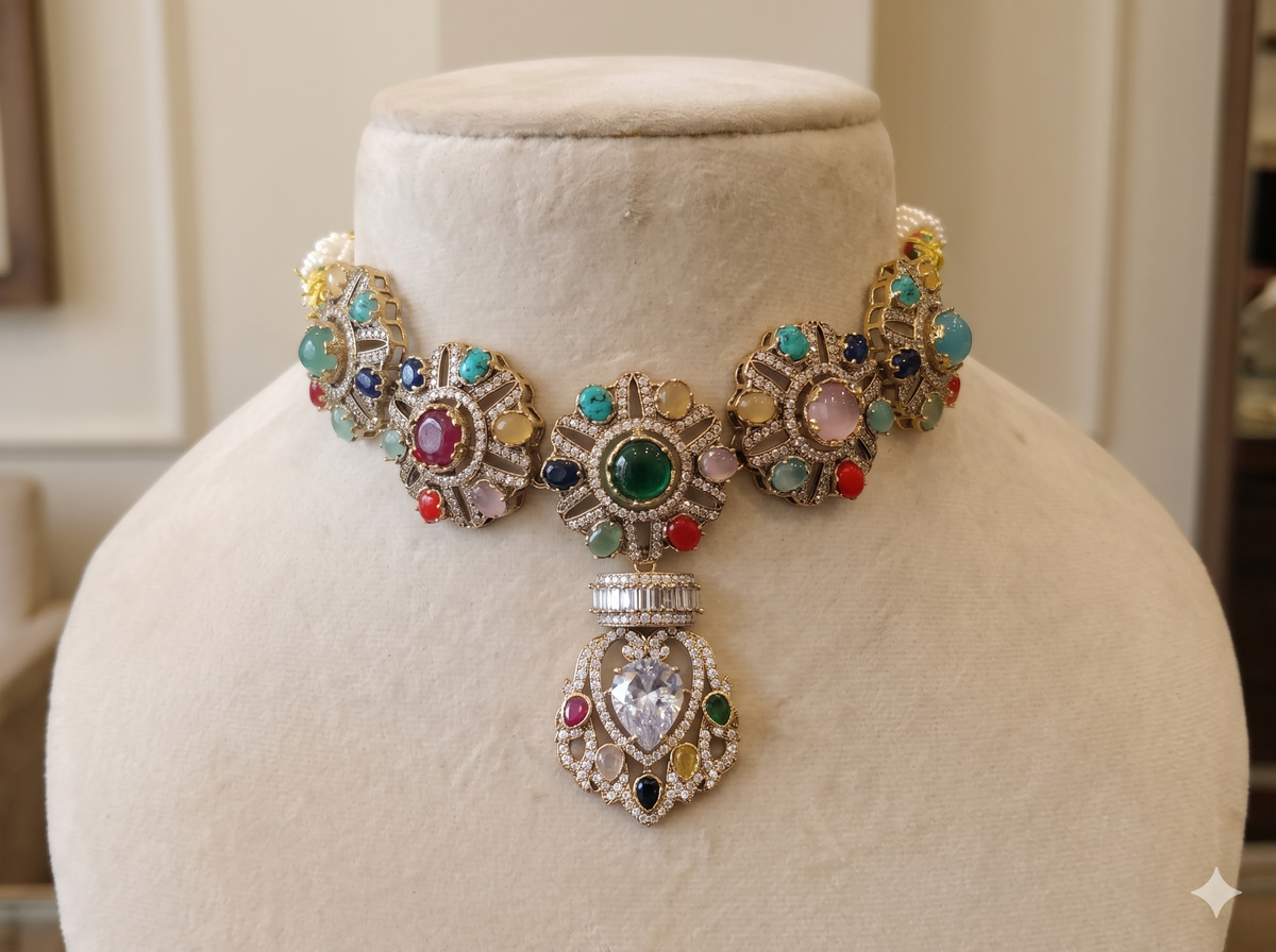 Luxury Emerald Moissanite Choker Earrings Set Indian Wedding Party Jewelry Roz Jewellers