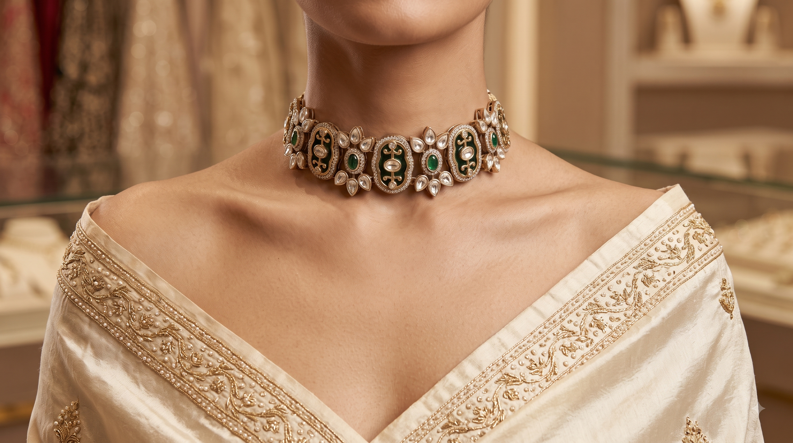 Rano Royal Emerald Kundan Choker Set With Matching Earring Roz Jewellers.