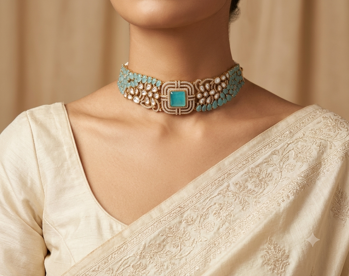Nida Modest Aqua Blue Kundan Choker Set with Earrings Roz Jewellers
