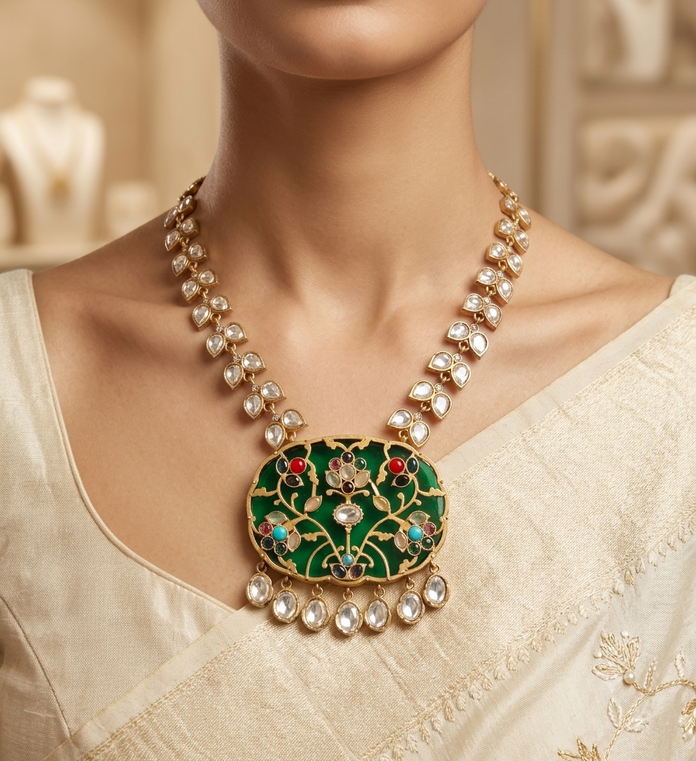 Raneem Emerald Green Royal Kundan Inlay Necklace Set Roz Jewellers.