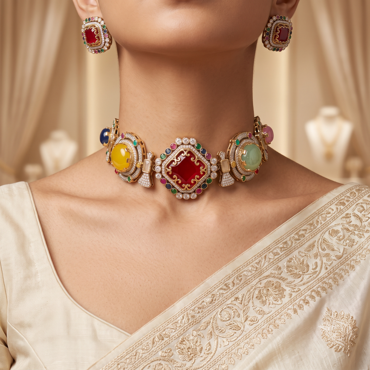 Ruby Designer Moissanite Choker Necklace with Earrings for Women party Jewelery Roz Jewellers