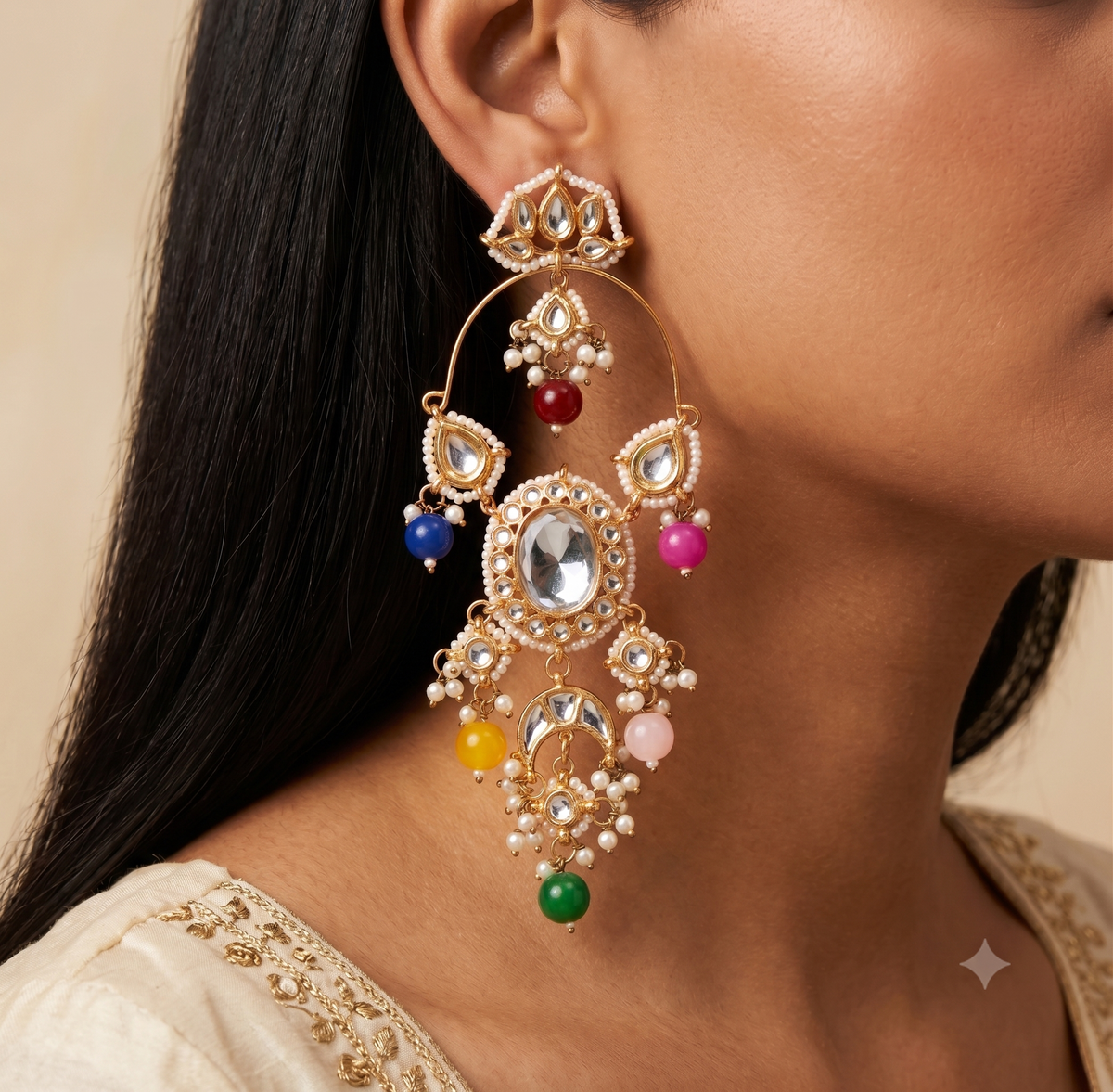 Multicolour Kundan Chandbali Earrings Indian Bridal Statement Wedding Jewellery Roz Jewellers.