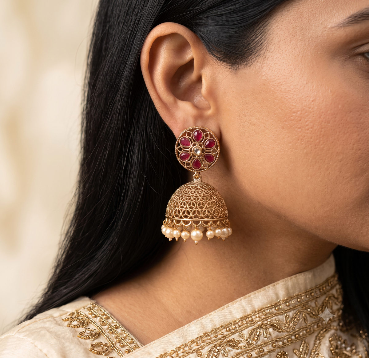 Royal Ruby Teardrop with Gold Filigree Polki Jhumkas with Pearl Roz Jewellers.