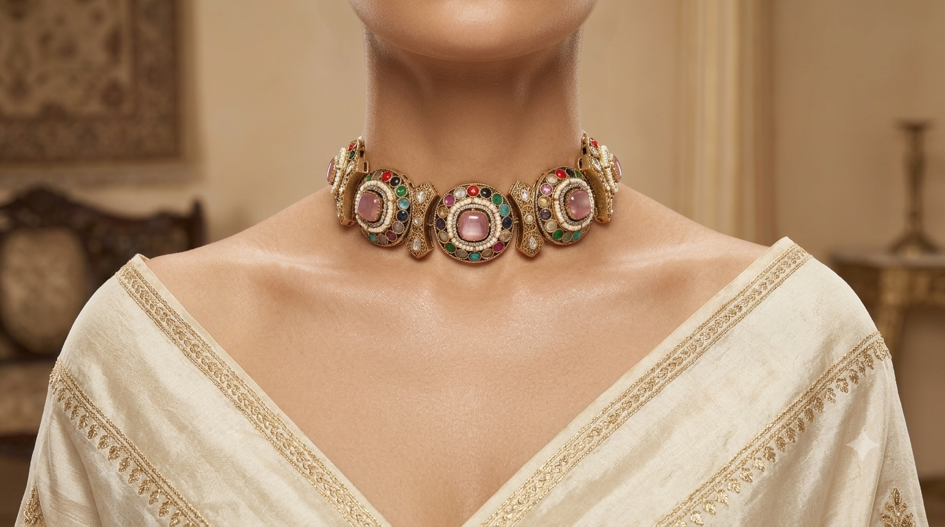 Mehrein Traditional Pink Stone Royal Heritage Kundan Choker Set Roz Jewellers.