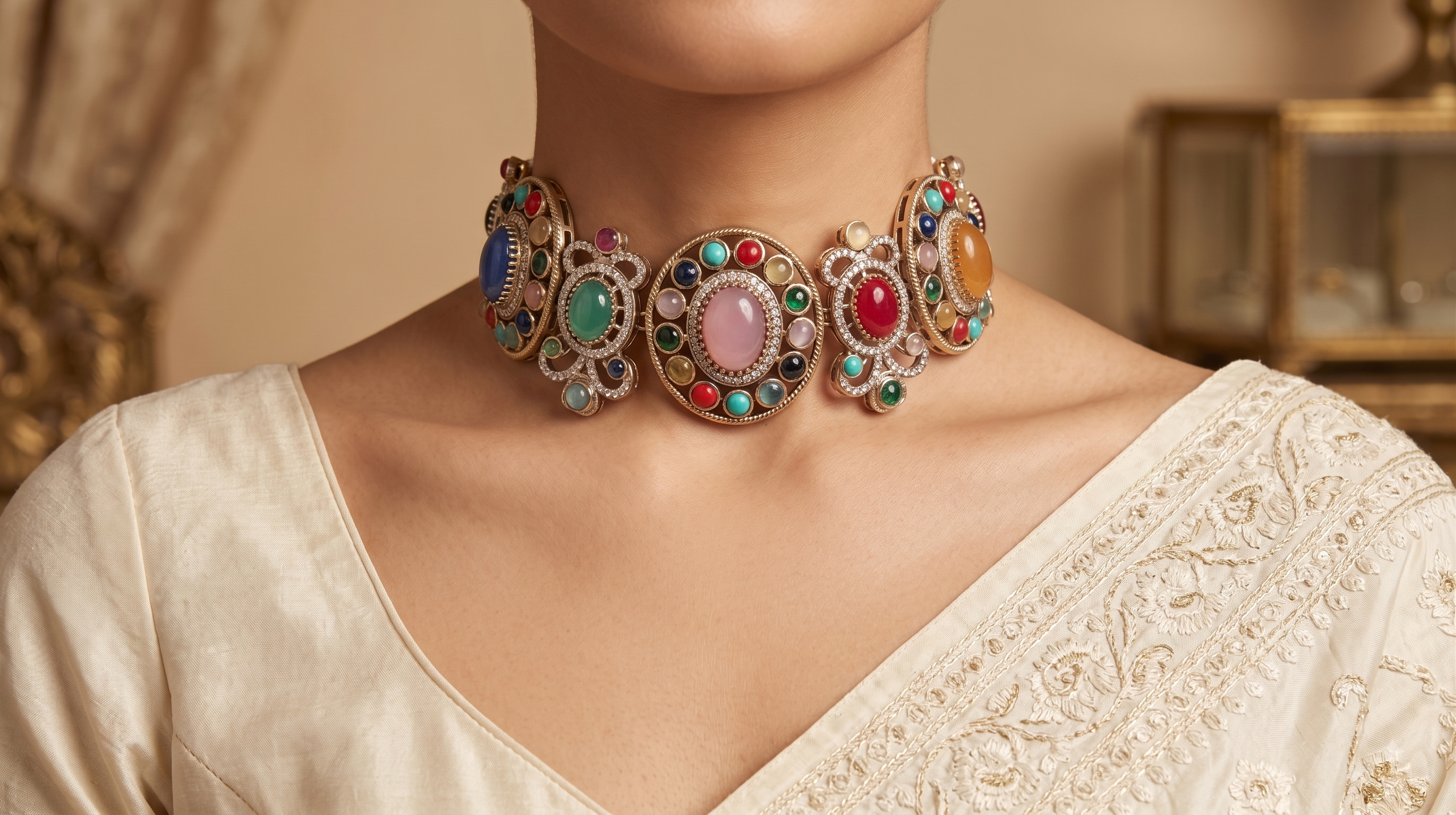 Rahila Bold Multicolour Kundan Choker Set With Matching Earrings Roz Jewellers.