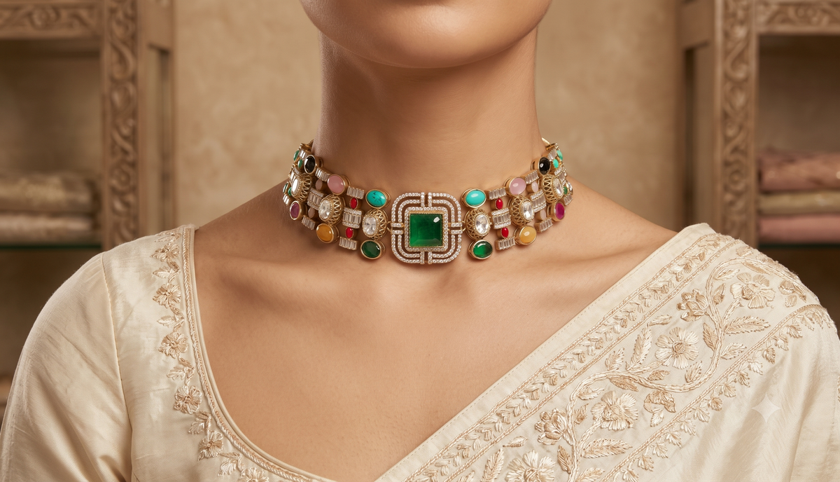 Emerald Green Indian Bridal Moissanite Choker Necklace Luxury Wedding Women Roz Jewellers