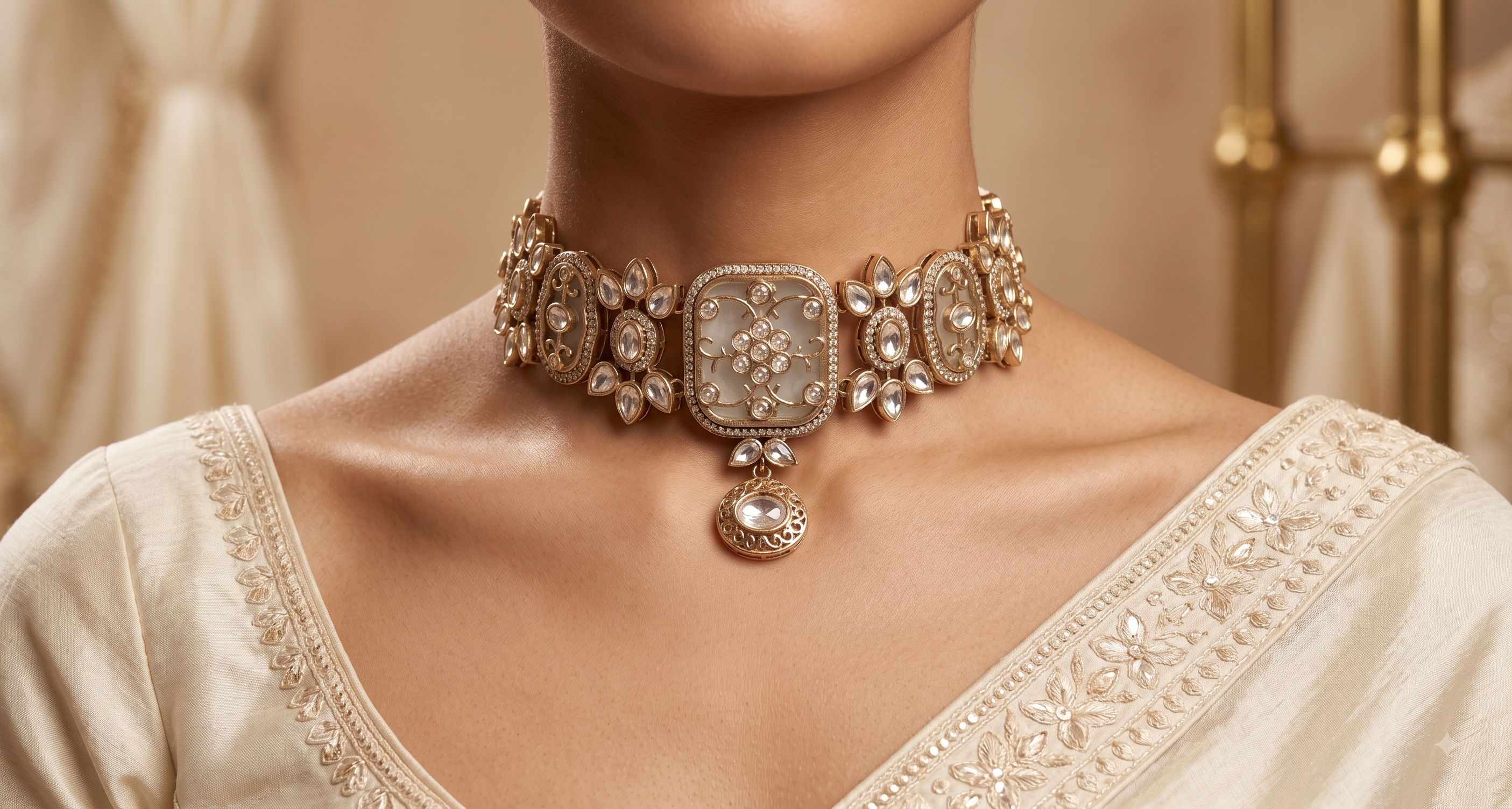 Nosheen Regal Pale Grey Kundan Choker Set With Matching Earrings Roz Jewellers.