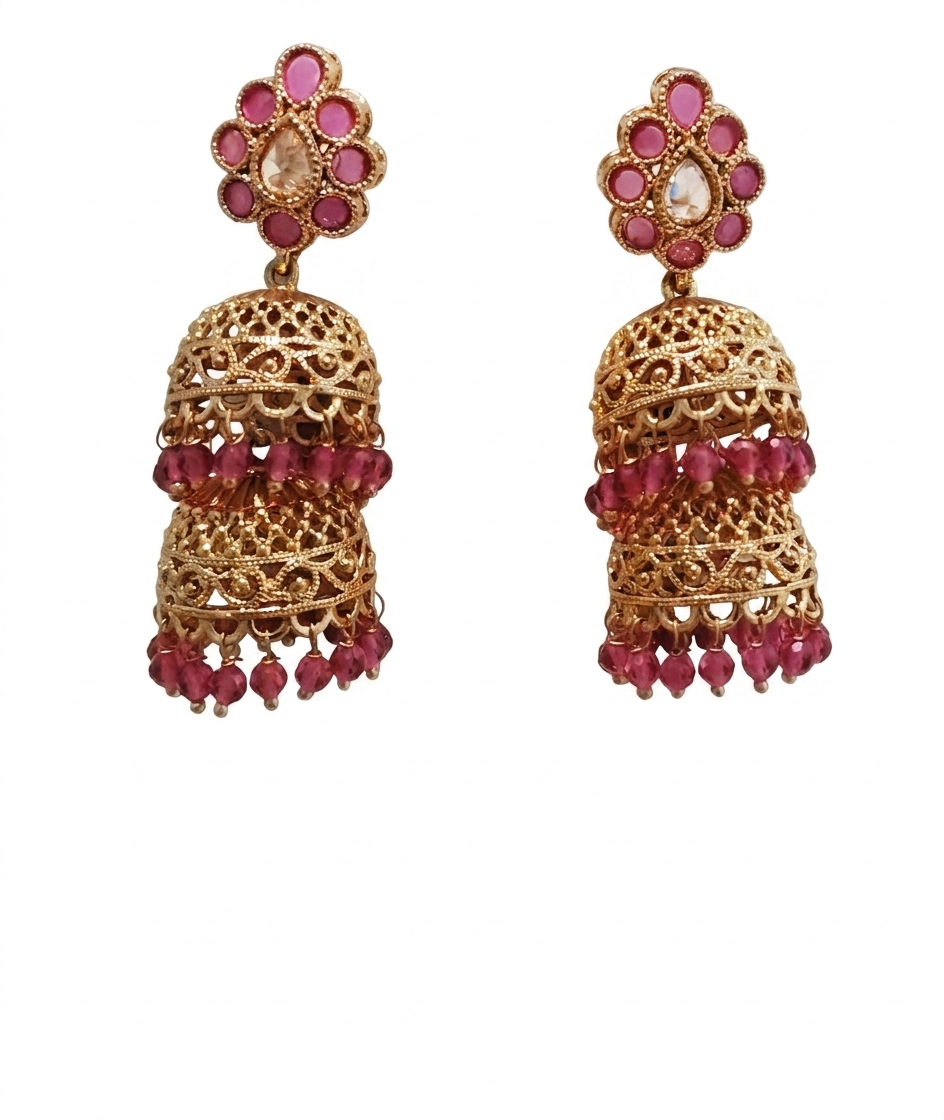 Polki Dual Layer Gold Tone Jhumka Earrings with Ruby Pink Stones Crystal Roz Jewellers