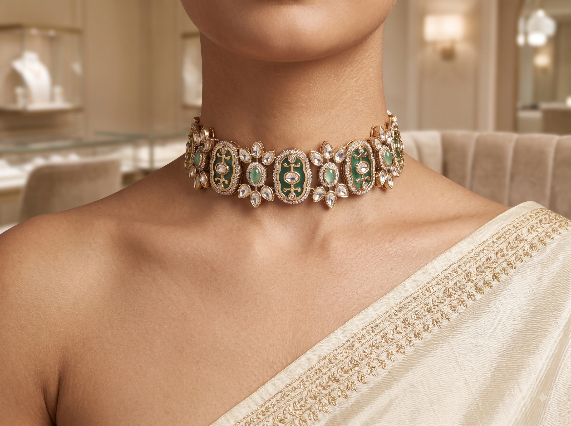 Soniya Reception Jewellery Mint Green Kundan Bridal Choker Set Roz Jewellers.