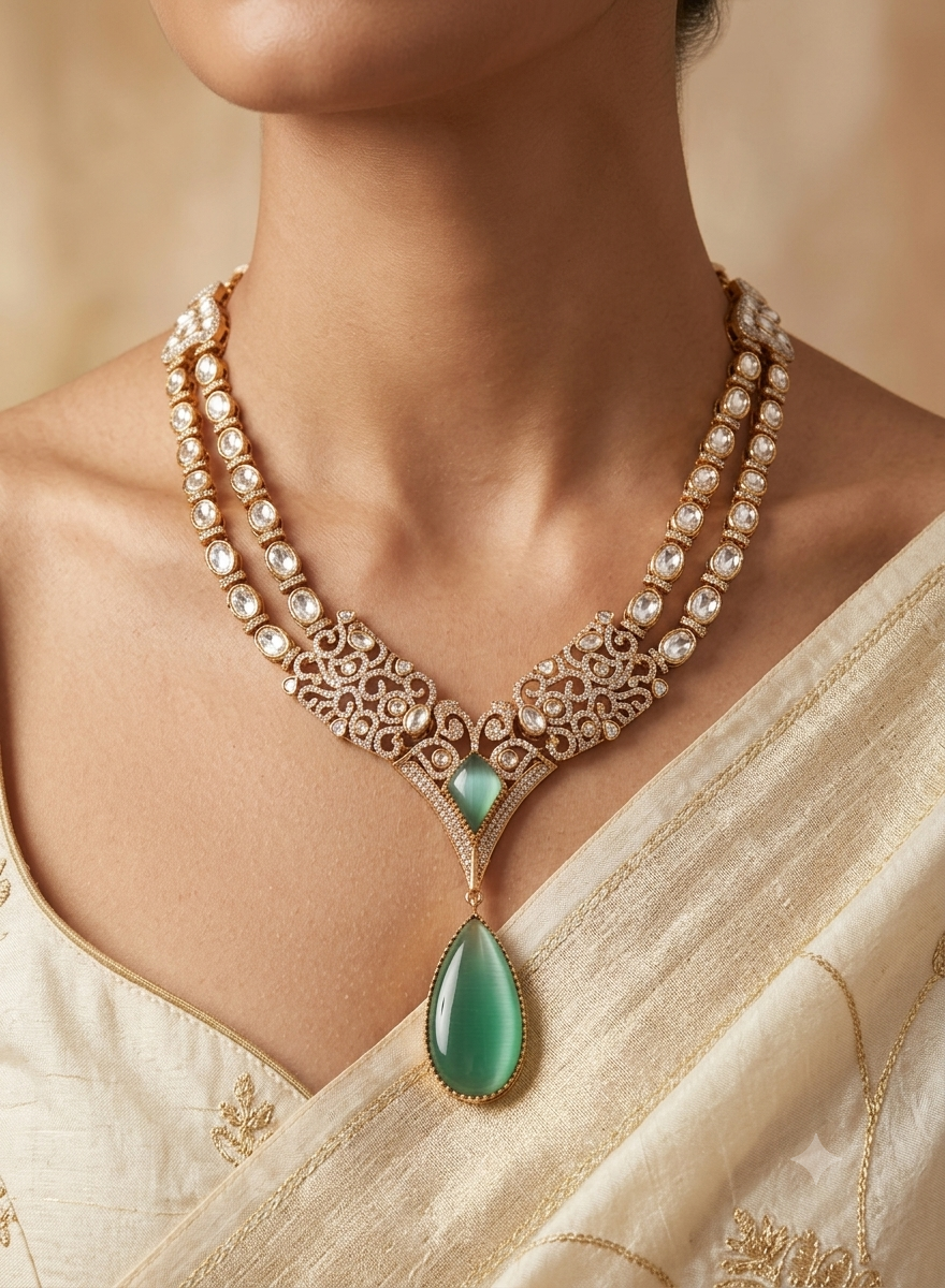 Eshal Handcrafted Mint Green Kundan Necklace with Teardrop Roz Jewellers