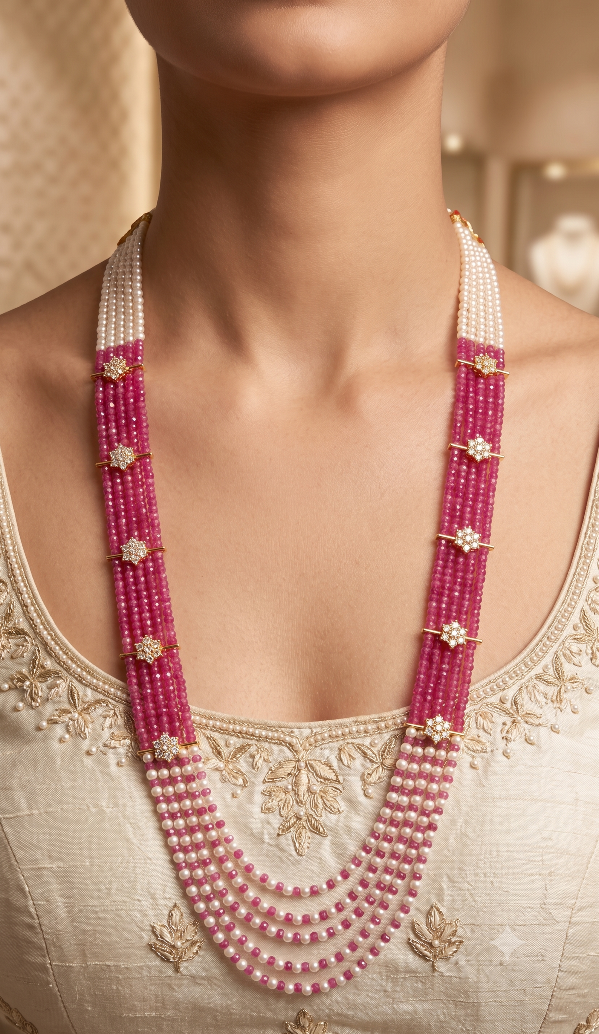 Pearl AD Necklace Pink Multi Strand Layered American Diamond Party Wear Roz Jewellers