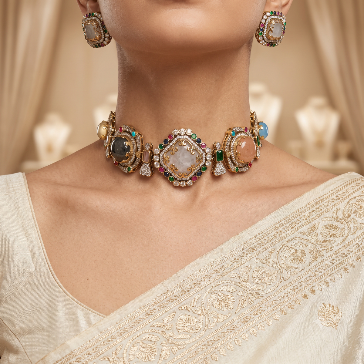 Gray Moissanite Necklace Set for Women Wedding Bridal Party Wear Jewellery Roz Jewellers