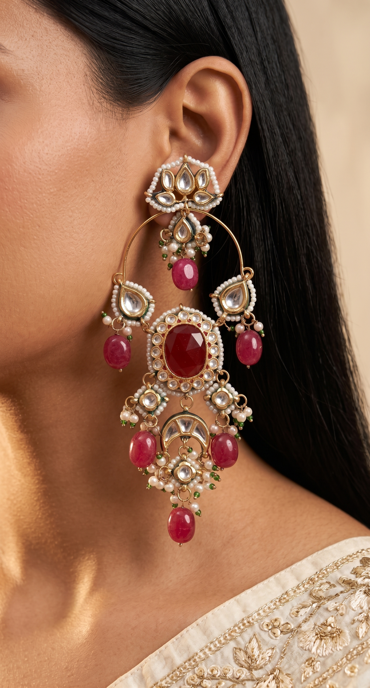 Pink Designer Kundan Chandbali Earrings Traditional Indian Bridal Jewellery Roz Jewellers.