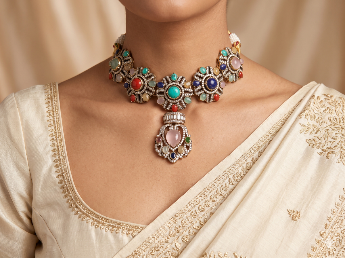 Blue Moissanite Choker Necklace Set with Matching Earrings Indian Bridal Jewelery Roz Jewellers