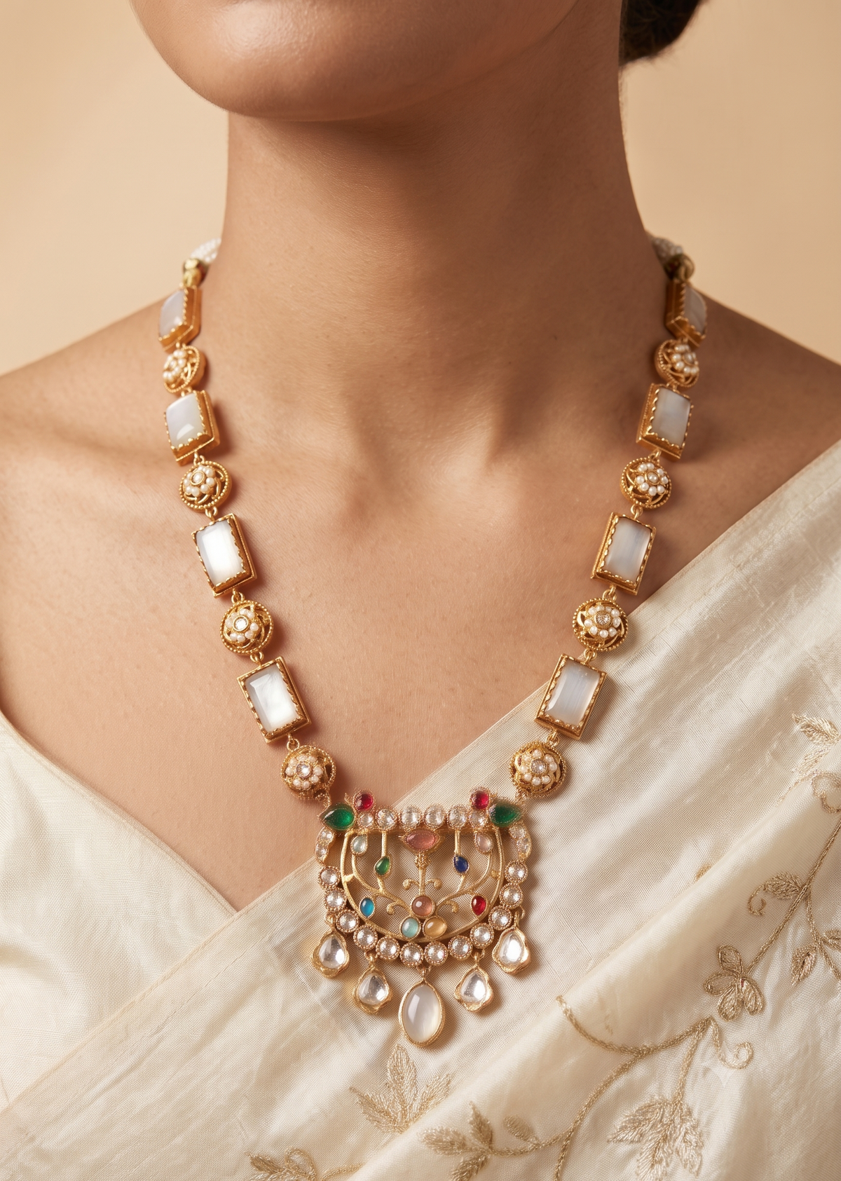 Gold-Plated Moissanite Gray Long Necklace Set for Women Jewellery Roz Jewellers.