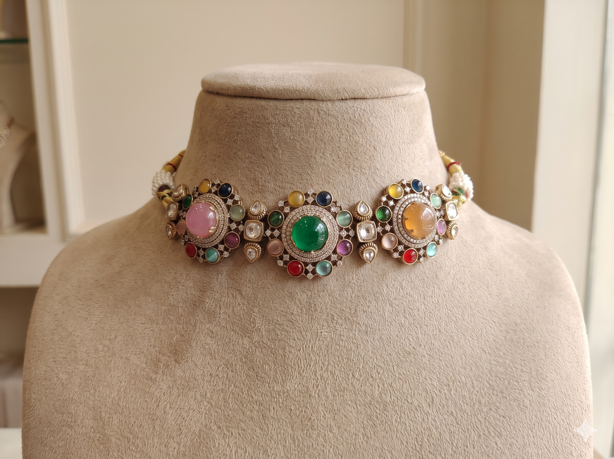 Emerald Multistone Moissanite Choker Set Indian Traditional Bridal Jewelry Roz Jewellers
