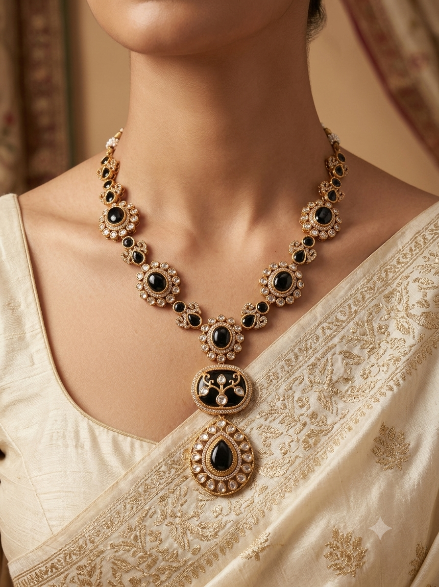 Momina Wedding Guest Jewelry Black Onyx, Kundan Statement Necklace Roz Jewellers