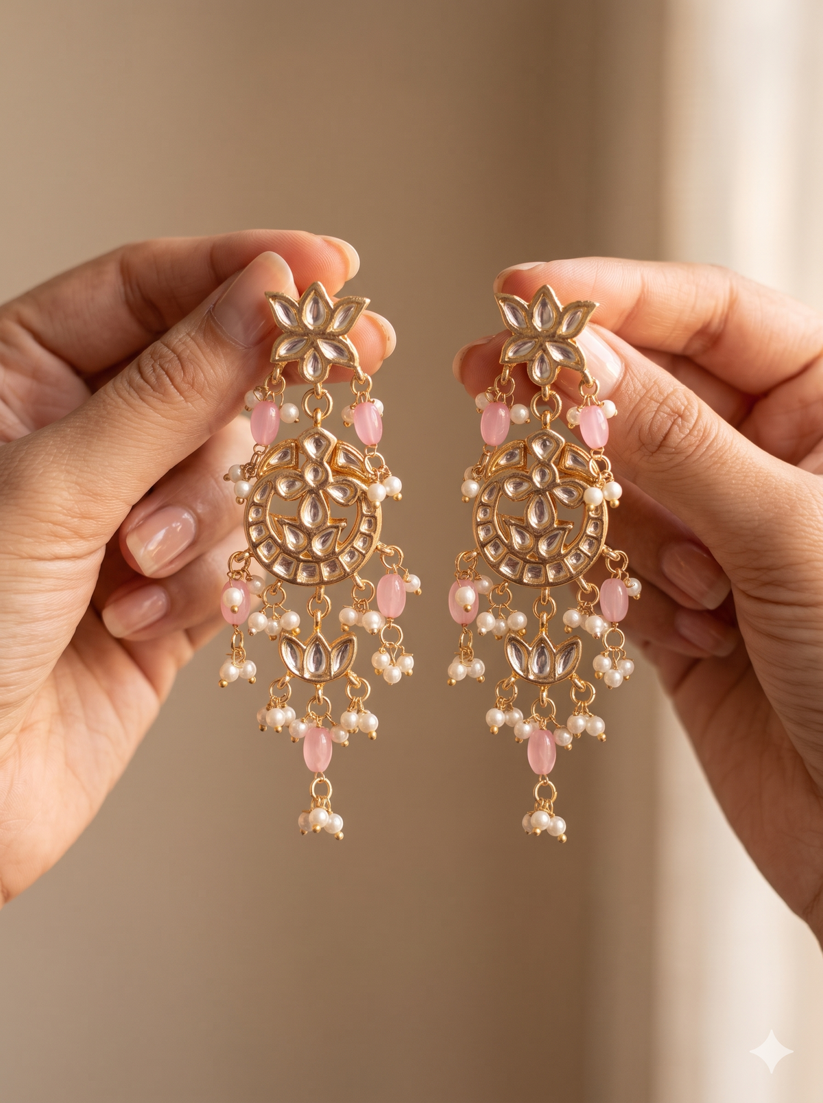 Blush Pink Floral Kundan Dangle Earrings for Women Wedding Festive Wear Roz Jewellers