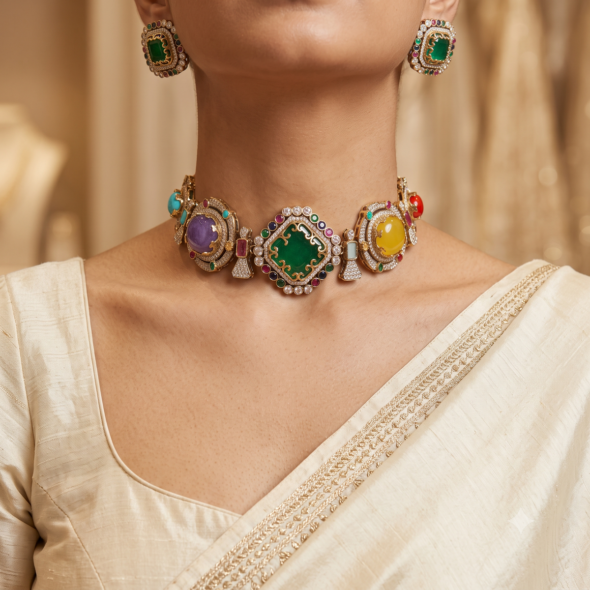 Emerald Moissanite Bridal Choker Necklace Set Indian Wedding Reception Jewellery Roz Jewellers