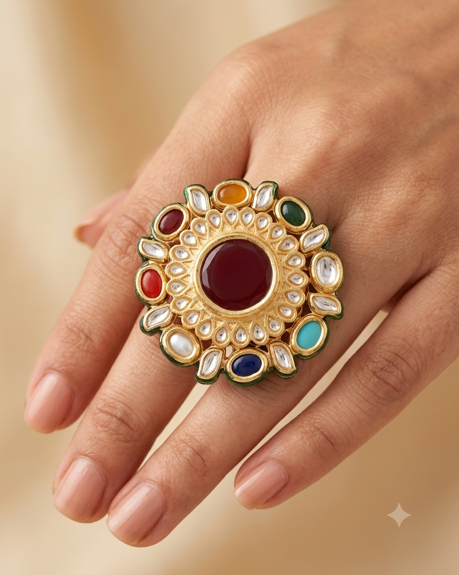 Royal Floral Kundan Statement Ring with Green Stone Accent Roz Jewellers