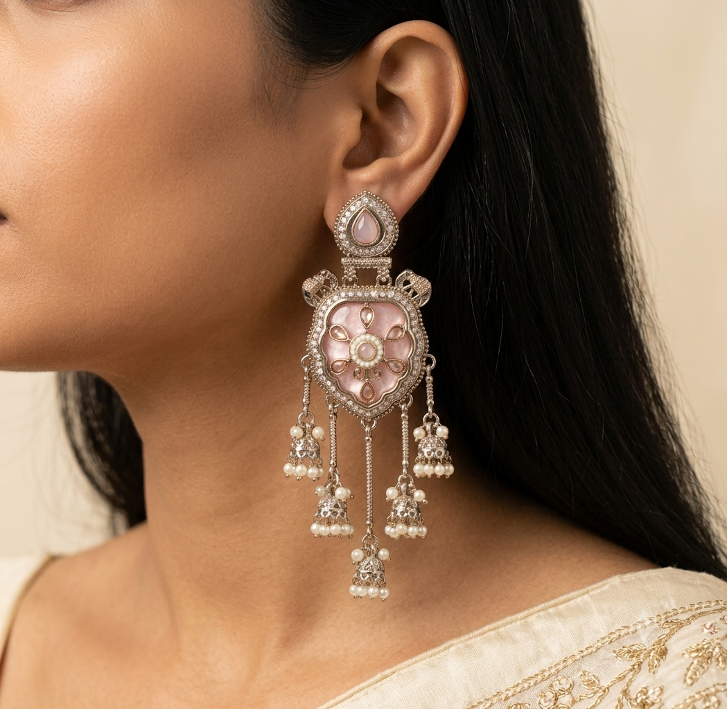 Blush Pink Moissanite Stone Jhumka Earrings Traditional Indian Wedding Accessories Roz Jewellers