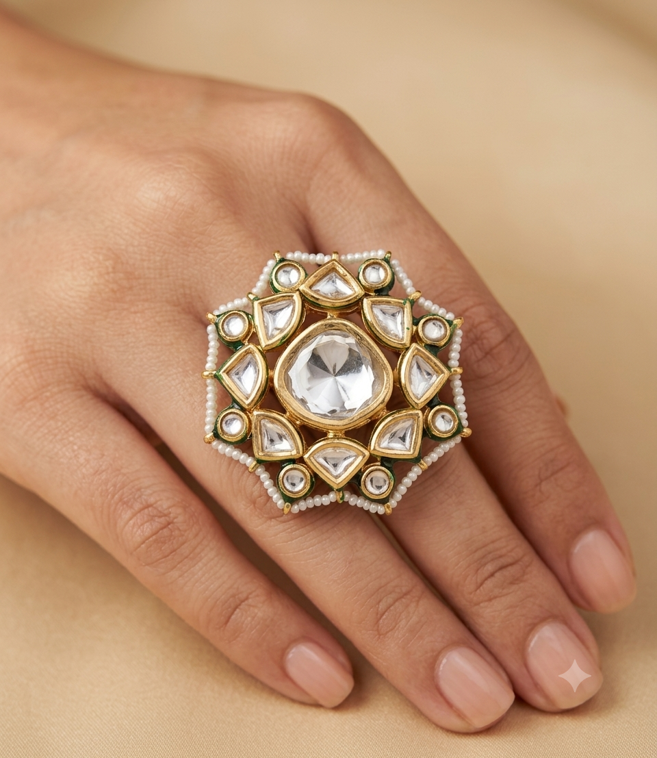 Regal White Stone Ethnic Statement Kundan Ring for Women Roz Jewellers