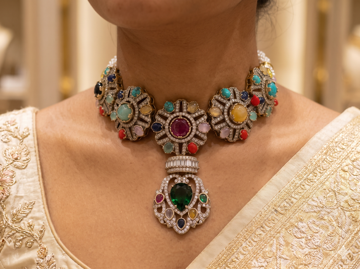 Emerald Traditional Indian Bridal Moissanite Choker Necklace Set Wedding Jewelery Roz Jewellers