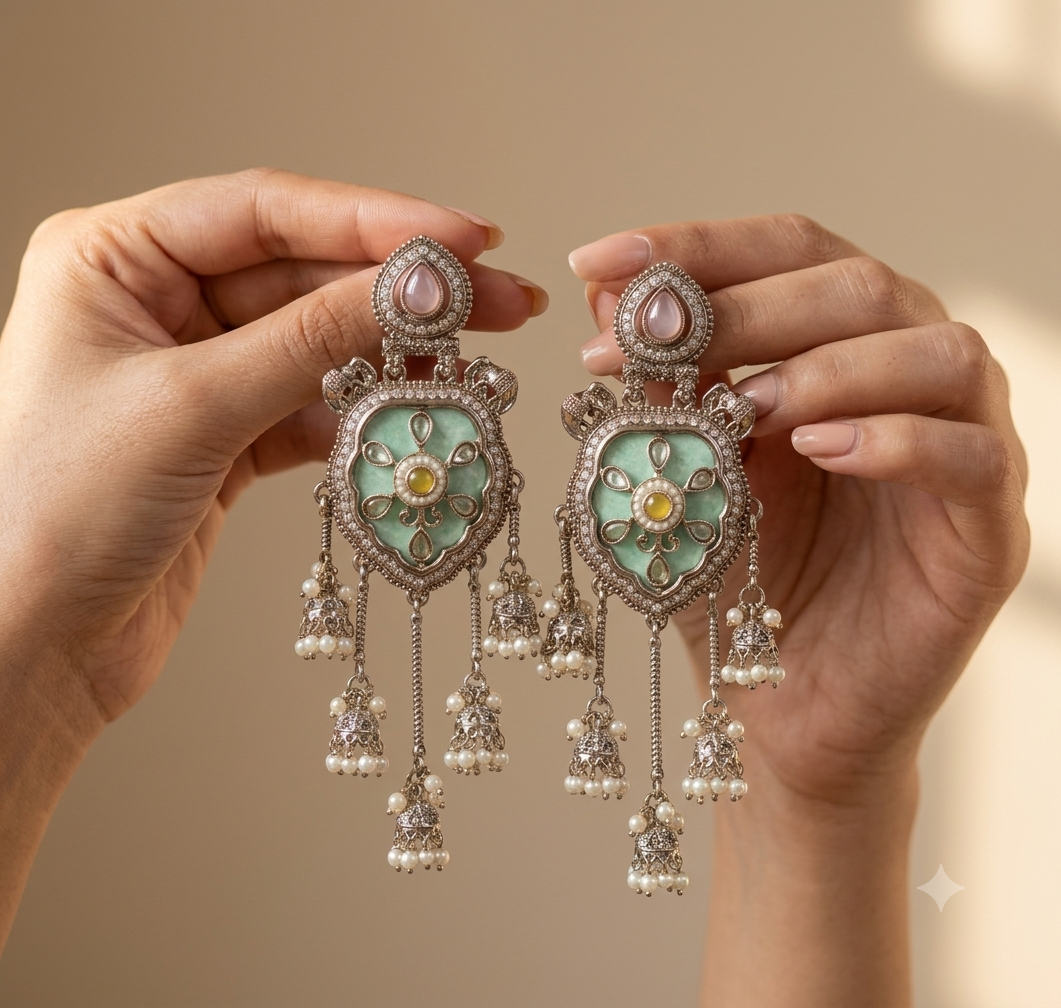 Mint Green Moissanite Style Earrings Indian Ethnic Wedding Jewelry for Women Roz Jewellers