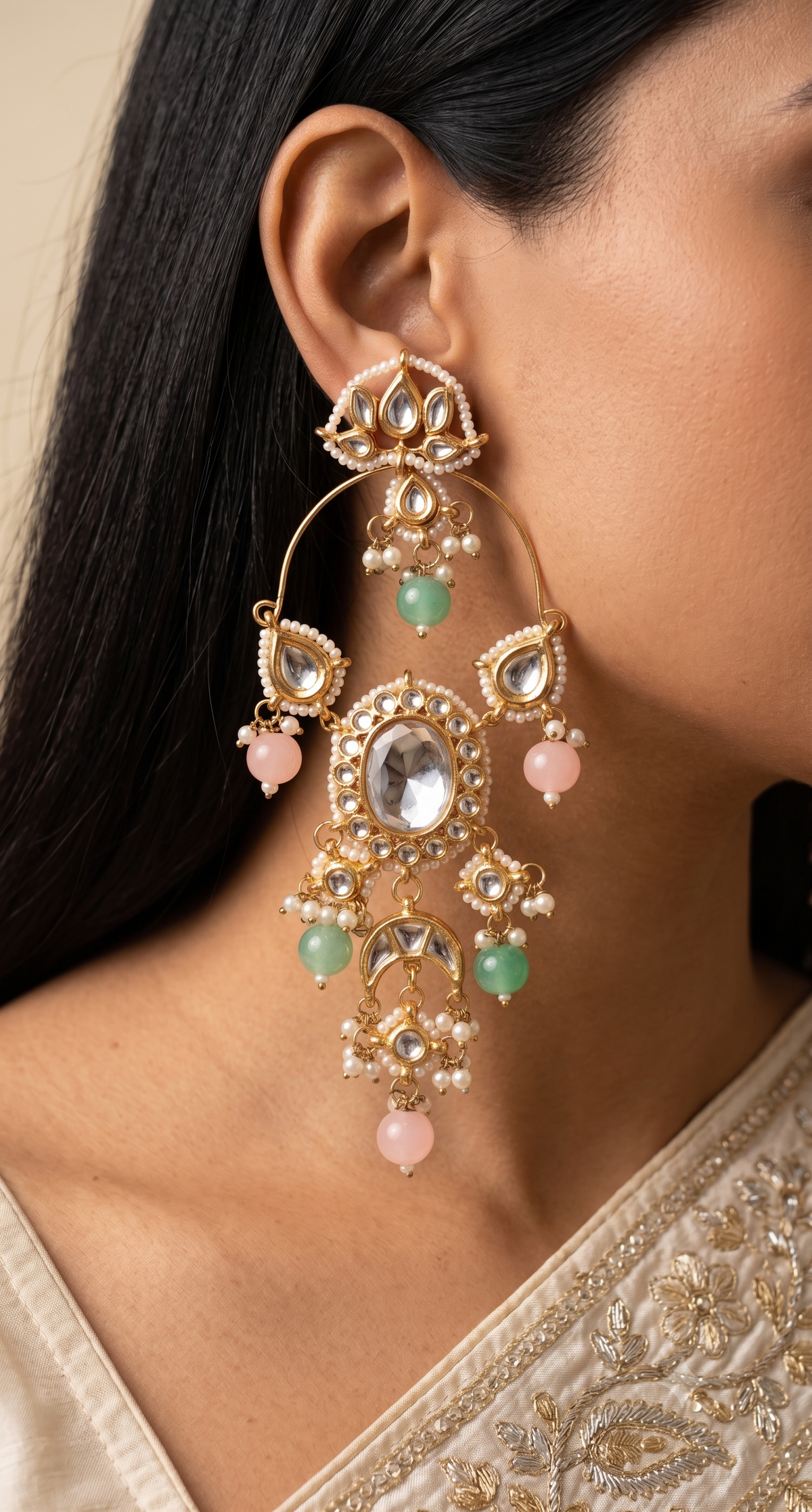 Statement Blush Pink, MInt Green Chandbali Earrin Kundan Indian Ethnic Jewellery Roz Jewellers.