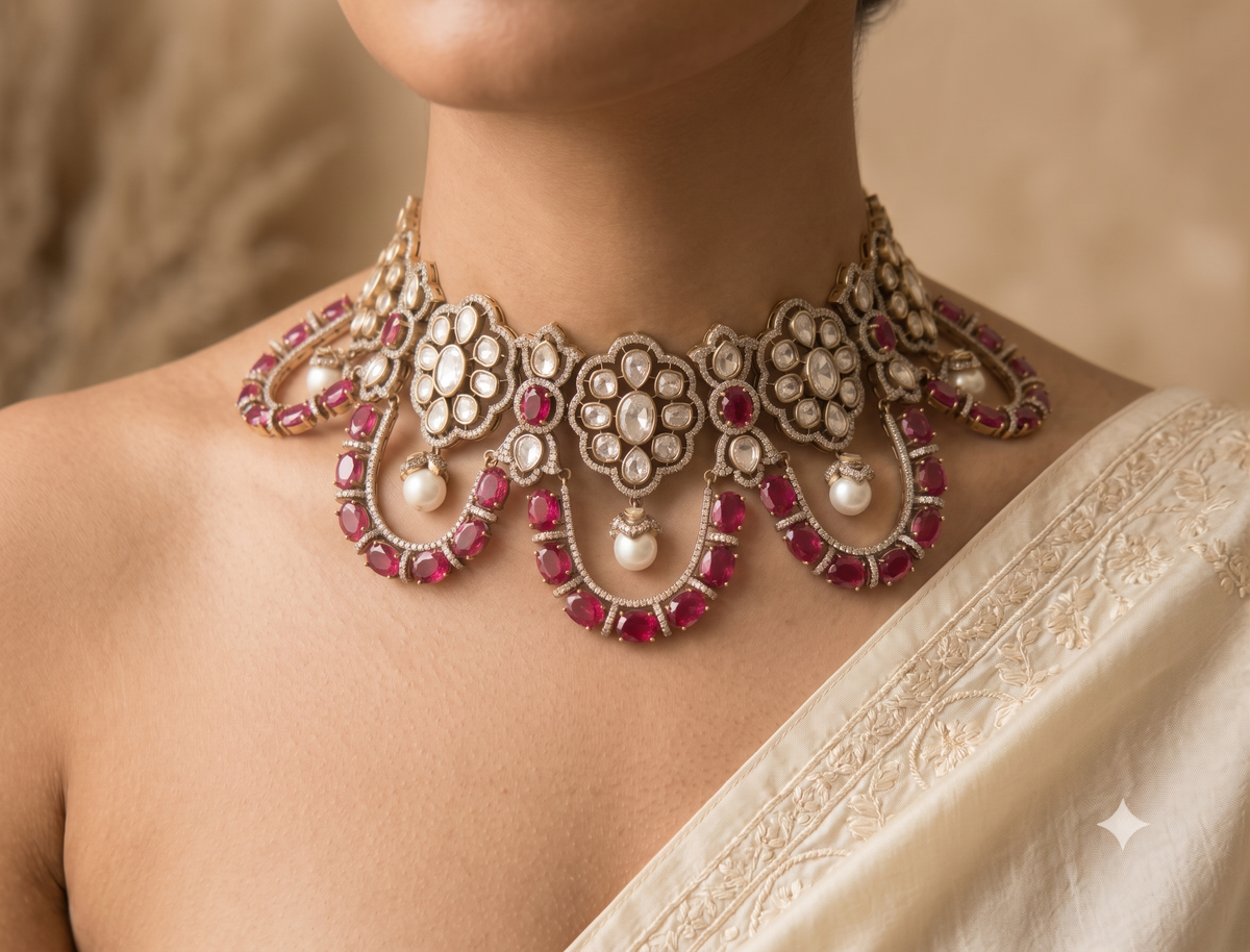 Luxury Royal Ruby Pink Moissanite Choker Necklace Bridal Wedding Party Jewellery