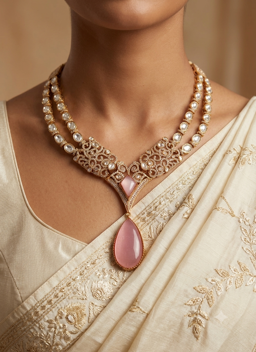 Bilqis Pakistani Handmade Blush Pink Kundan Teardrop Necklace Set Roz Jewellers.