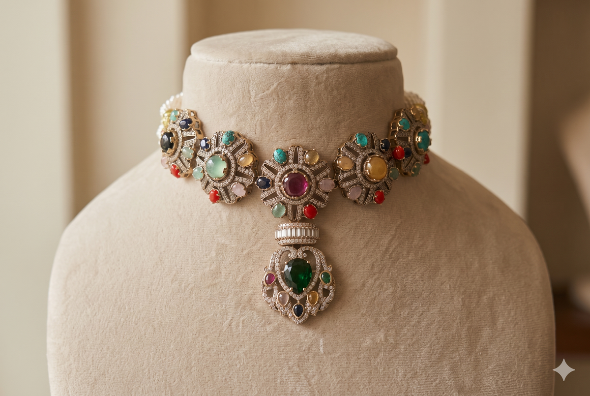 Emerald Traditional Indian Bridal Moissanite Choker Necklace Set Wedding Jewelery Roz Jewellers