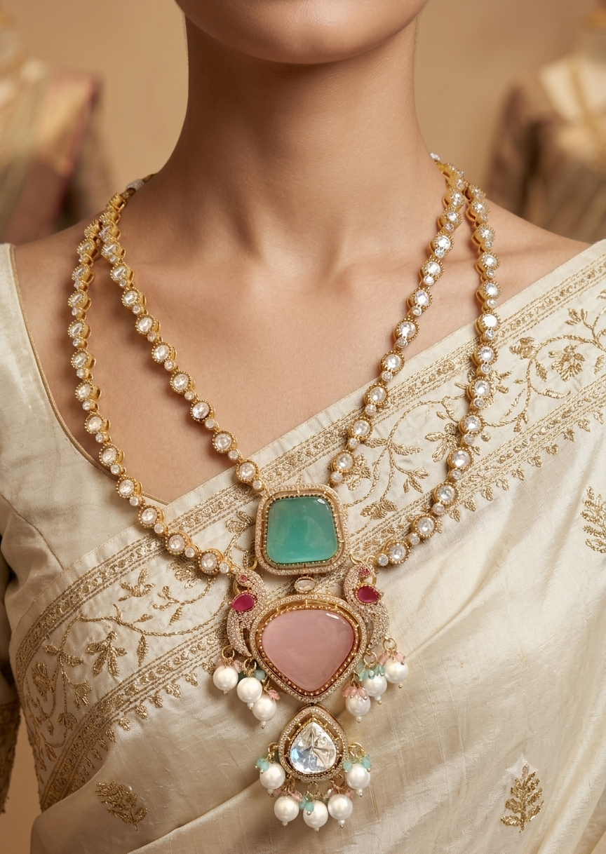 Tasneem Pastel Pink Mint Green Kundan Necklace with Pearl Drops Roz Jewellers.