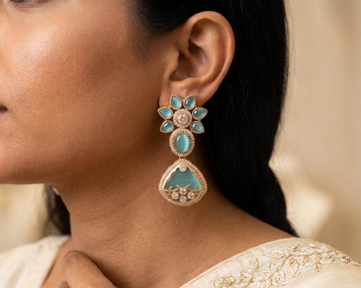 Waniya Indian Aqua Blue Kundan Floral Drop Inlay Earrings Roz Jewellers.