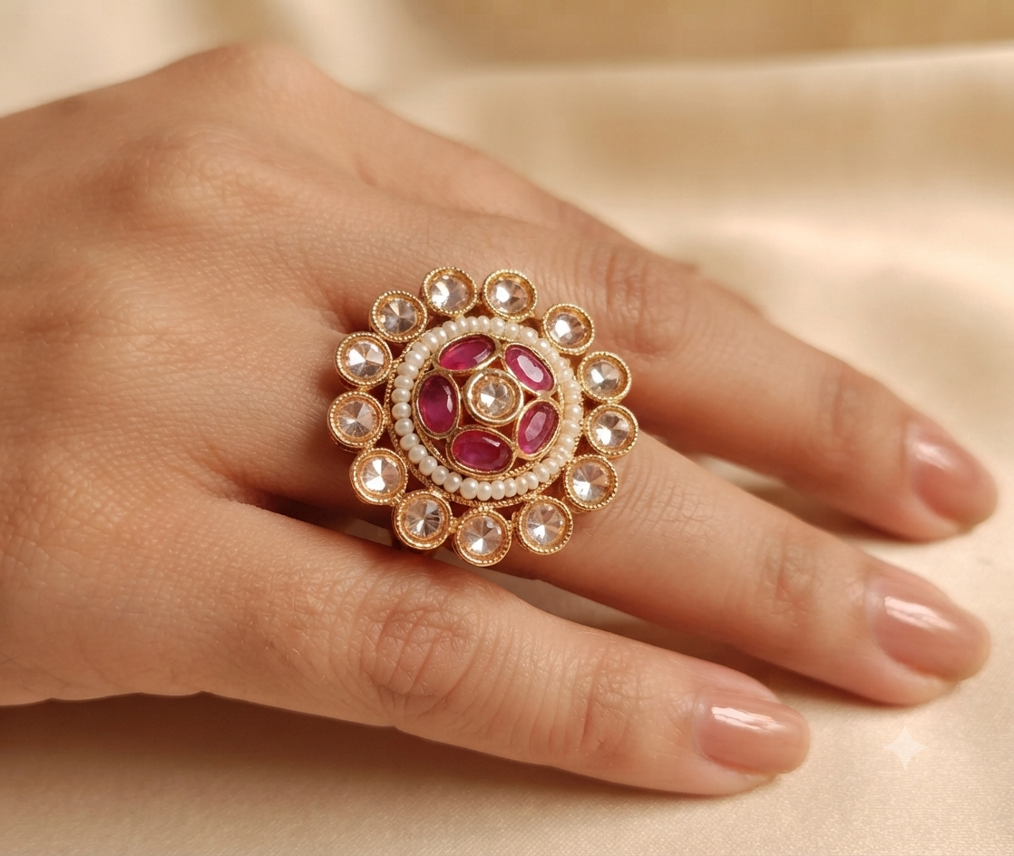 Noor Fatima Pakistani Bridal Polki Adjustable Ring Roz Jewellers