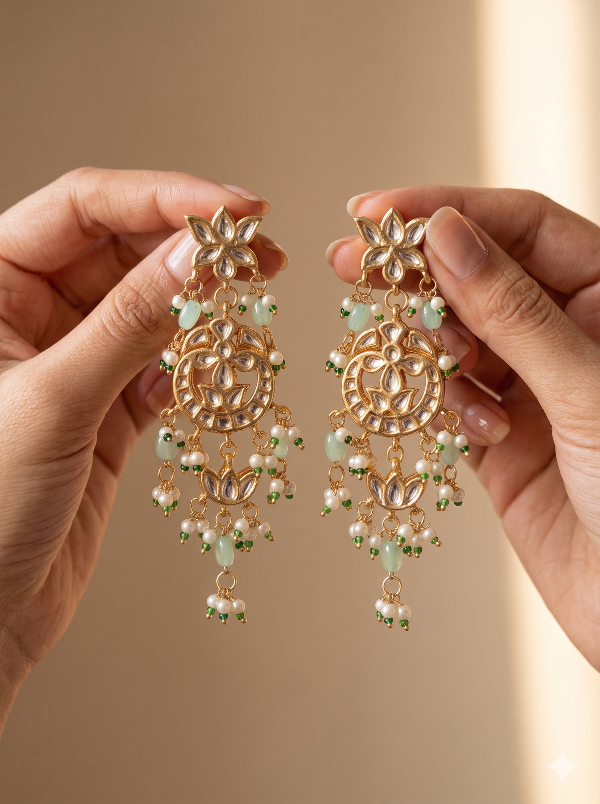 MInt Green Indian Bridal Kundan Earrings with Pearl Bead Tassels for Women Roz Jewellers
