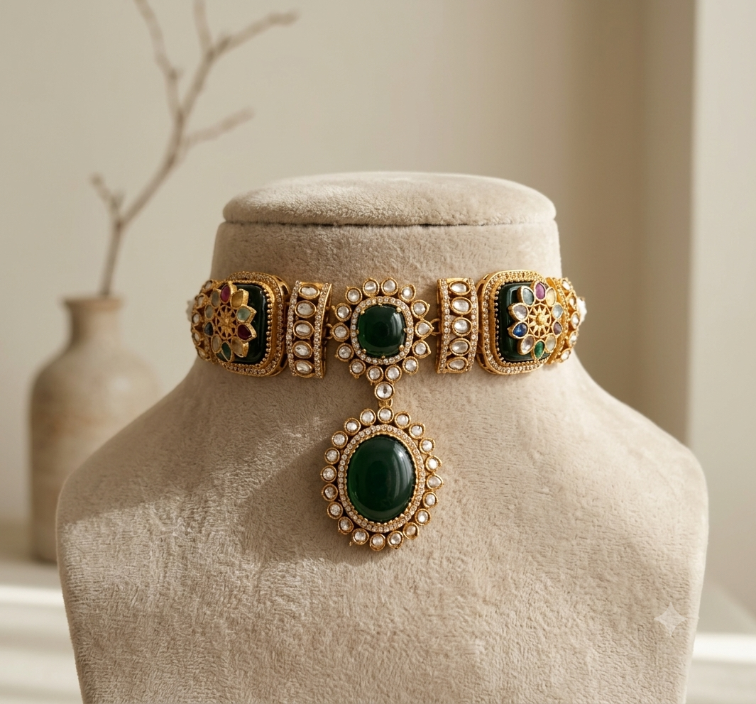 Amina Multicolour Emerald Handmade Kundan Choker Set Roz Jewellers.