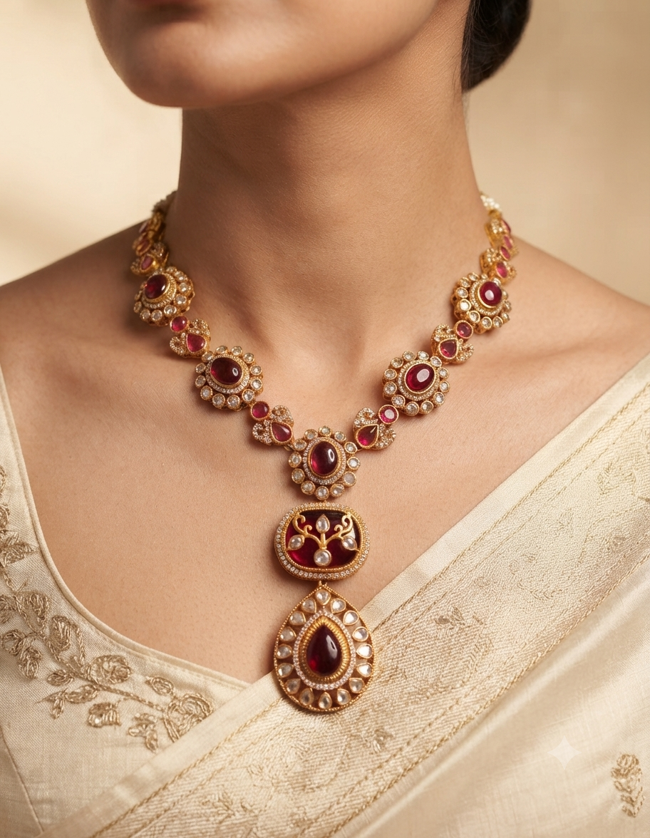 Rubaisa Pakistani Ruby Red Designer Necklace Set Roz Jewellers.