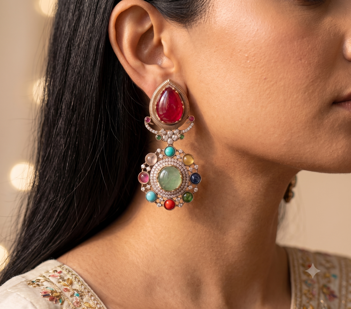 Gold-Finish Moissanite Ruby Red and Pale Green Drop Earrings ROZ Jewellers.