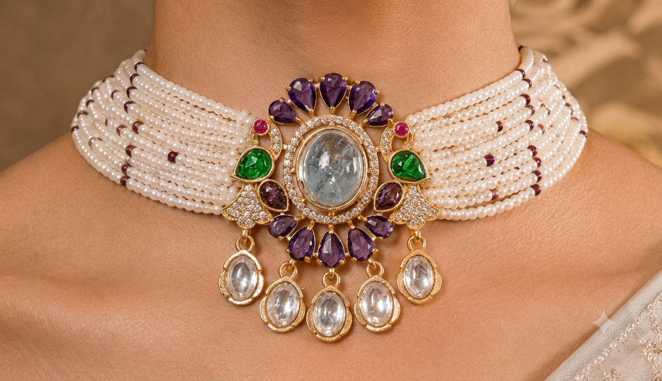 Huda Mughal Amethyst Kundan Pearl Choker Necklace Set Roz Jewellers.